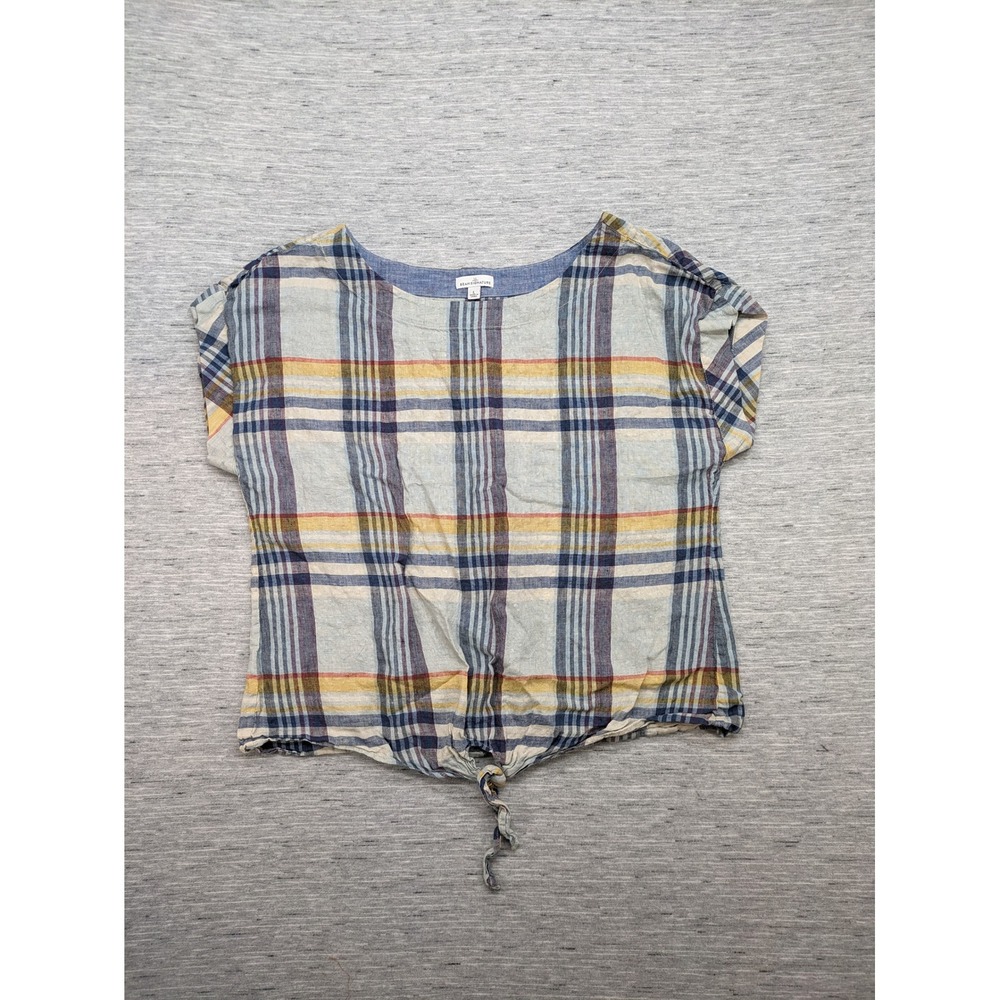 LL Bean Signature Linen Tie-Front Plaid Top Short‎ Sleeve Casual Large beachy